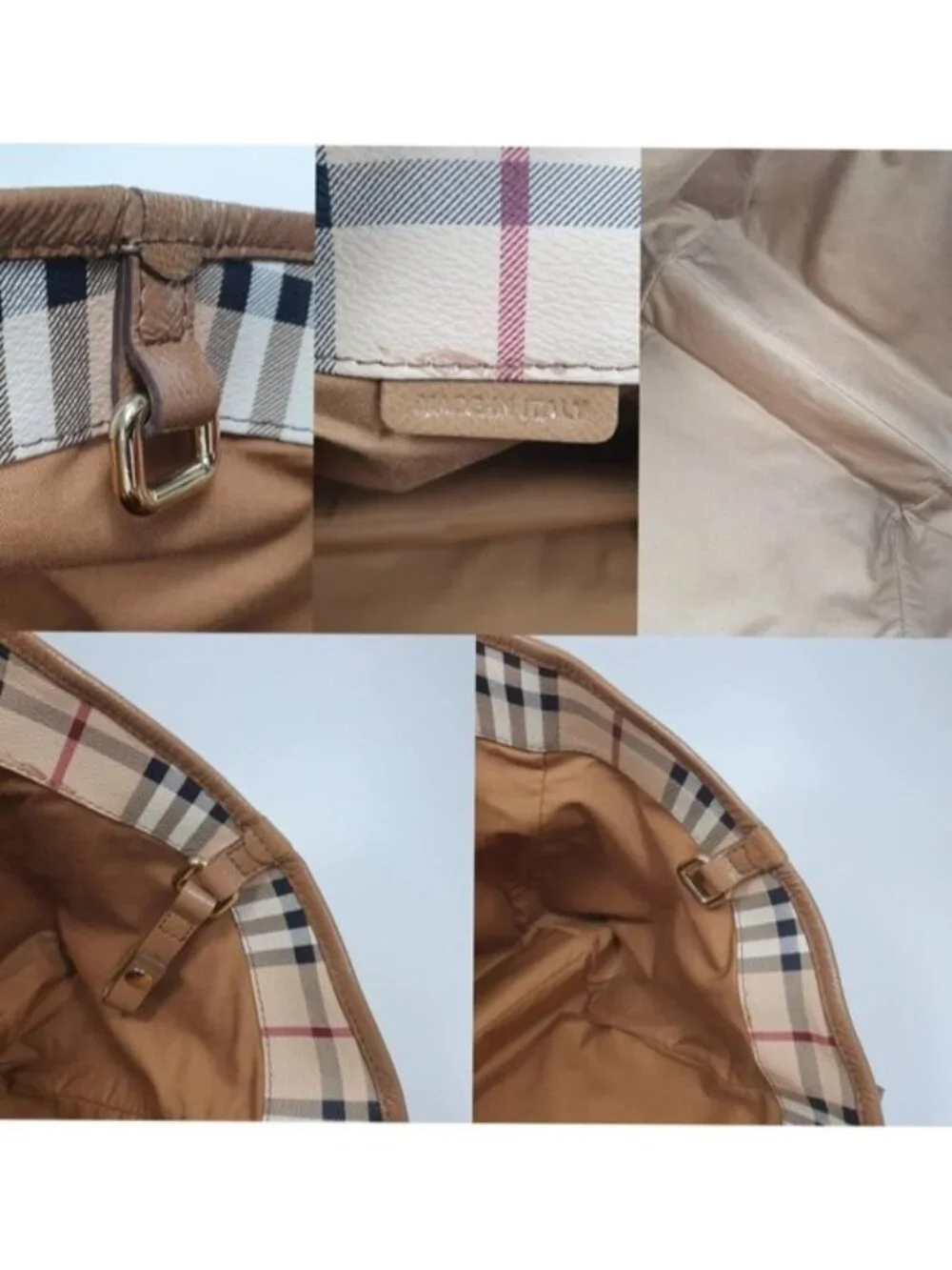 Authentic Burberry Haymarket Check Tote Bag Leather With Matching Zip Pouch